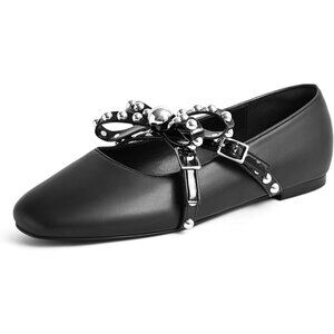 SICARE Mary Jane Black Flats Ballet Flats Shoes Pearl Embellished Bow Loafer